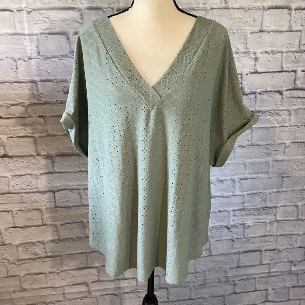 Shein Curve - Women's Sage Green V-Neck Top - 3XL